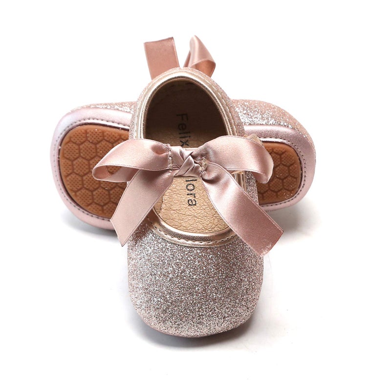 Felix & Flora Infant Baby Girls Shoes Soft Rubber Sole Princess Dress Shoes Baby Walking Shoes(Infant/Toddler)(12-18 Months Infant,Glitter Pink) - Image 1